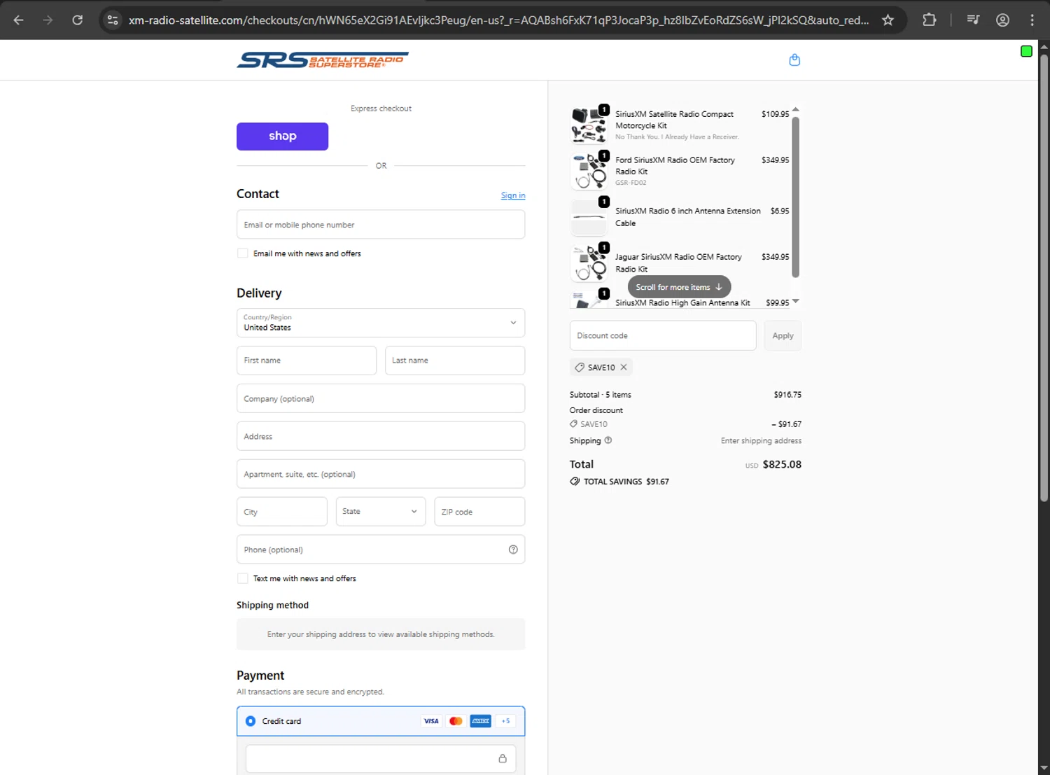 Satellite Radio Superstore coupon code screenshot showing code SAVE10 applied at Satellite Radio Superstore checkout page. Uploaded by SimplyCodes community member zzzzzzza on Dec 5, 2025