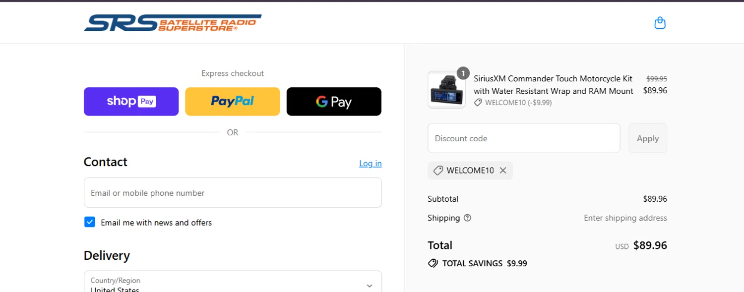 Satellite Radio Superstore coupon code screenshot showing code WELCOME10 applied at Satellite Radio Superstore checkout page. Uploaded by SimplyCodes community member ashe1986 on Aug 26, 2025