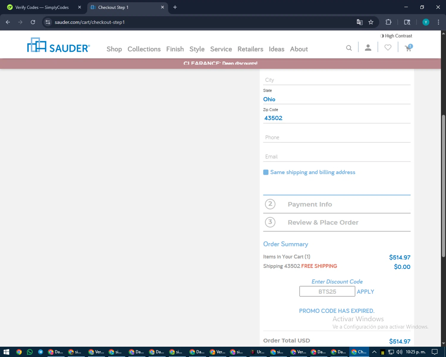 Sauder promo code screenshot showing code BTS25 applied at Sauder checkout page. Uploaded by SimplyCodes community member RoyalEagle4794 on Aug 27, 2025