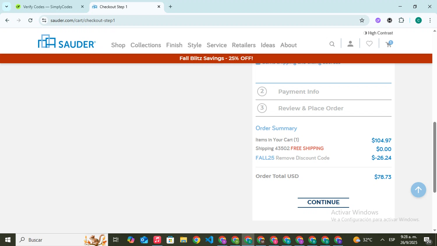 Sauder checkout page showing Sauder promo code box | Screenshot taken by SimplyCodes community member on Sep 26, 2025