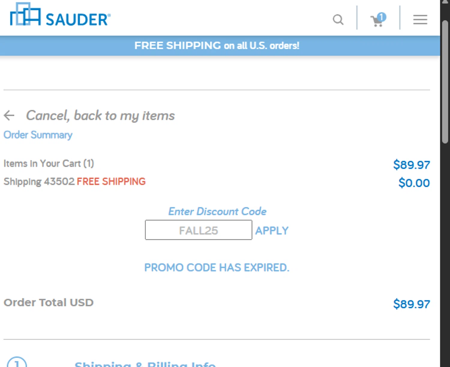 Sauder promo code screenshot showing code FALL25 applied at Sauder checkout page. Uploaded by SimplyCodes community member CleverLynx5188 on Oct 7, 2025
