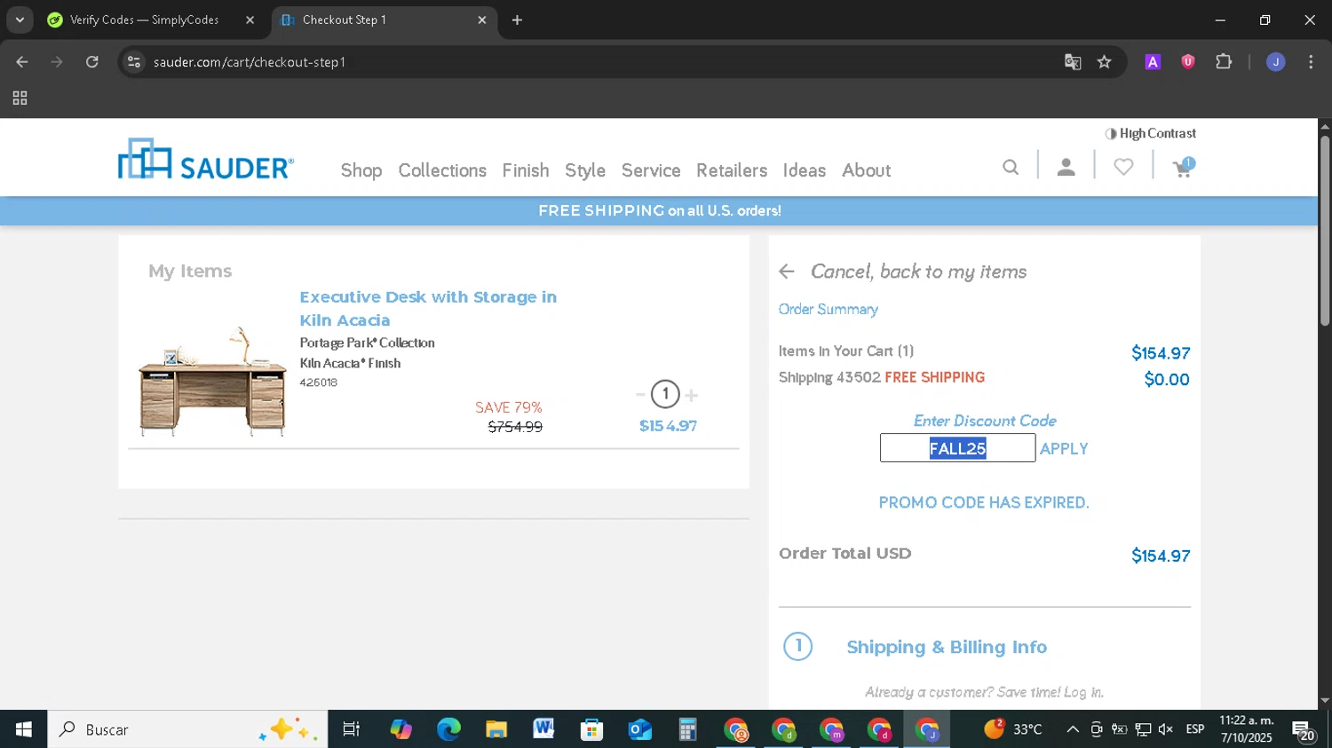 Sauder promo code screenshot showing code FALL25 applied at Sauder checkout page. Uploaded by SimplyCodes community member EpicSage3474 on Oct 7, 2025