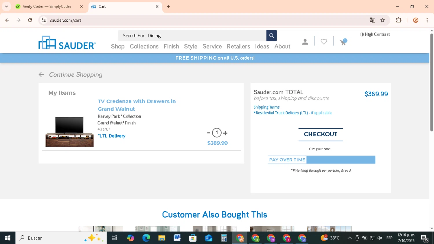 Sauder promo code screenshot showing code FALL25 applied at Sauder checkout page. Uploaded by SimplyCodes community member RebateCollector5909 on Oct 7, 2025