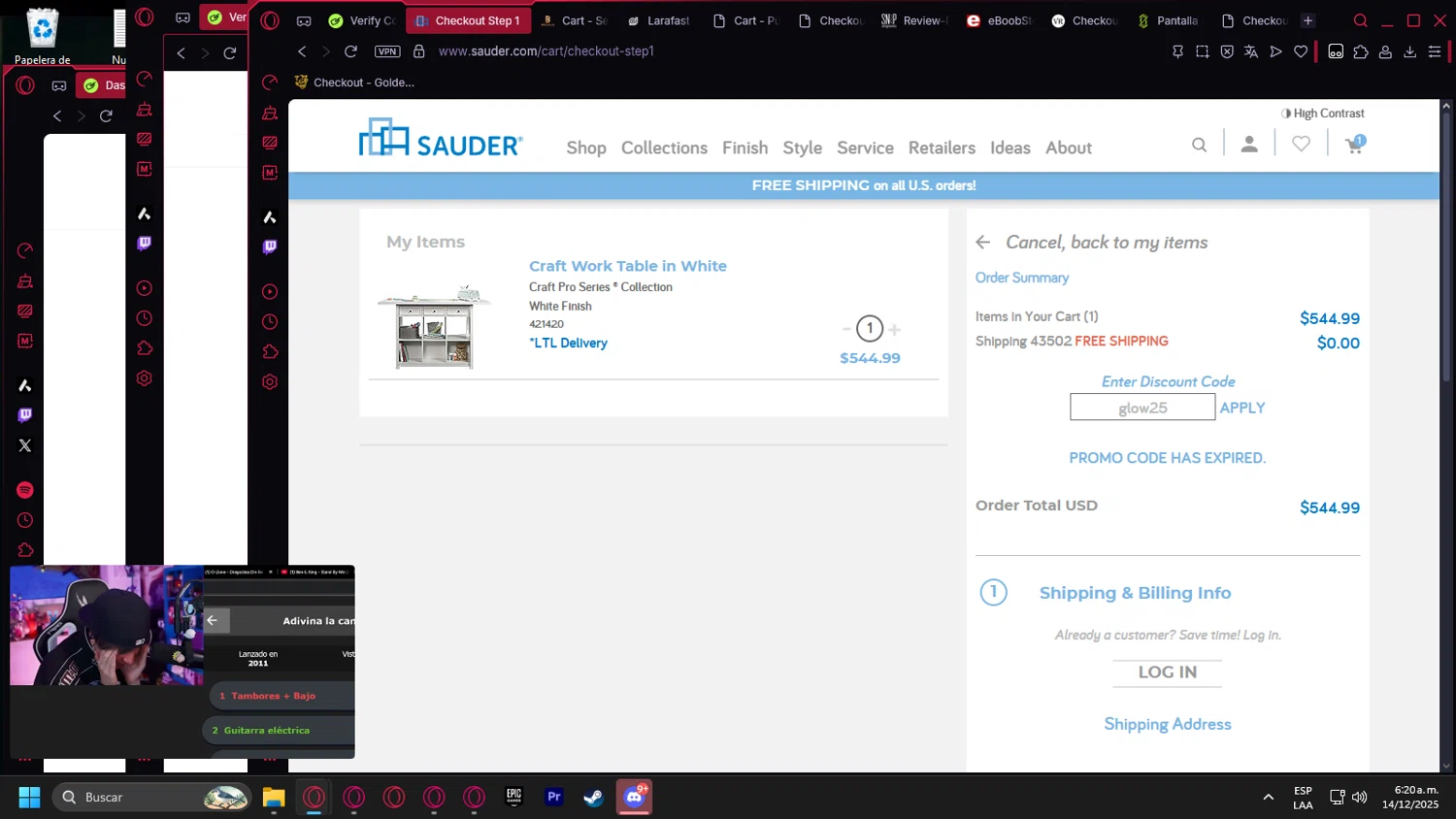 Sauder promo code screenshot showing code glow25 applied at Sauder checkout page. Uploaded by SimplyCodes community member Billyyou on Dec 14, 2025