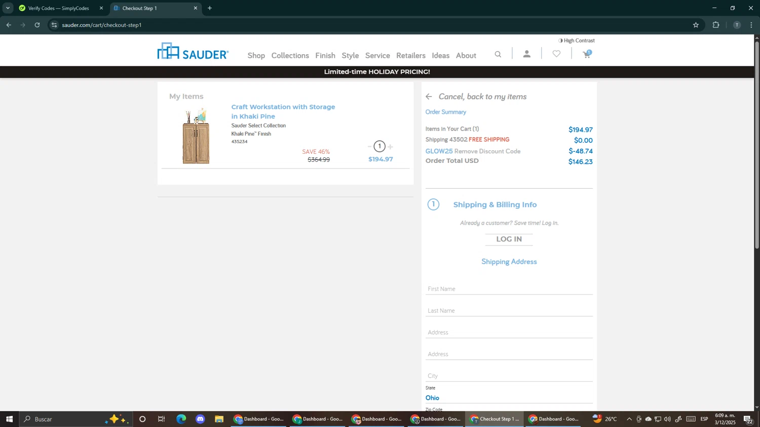 Sauder promo code screenshot showing code glow25 applied at Sauder checkout page. Uploaded by SimplyCodes community member Makemusic on Dec 3, 2025