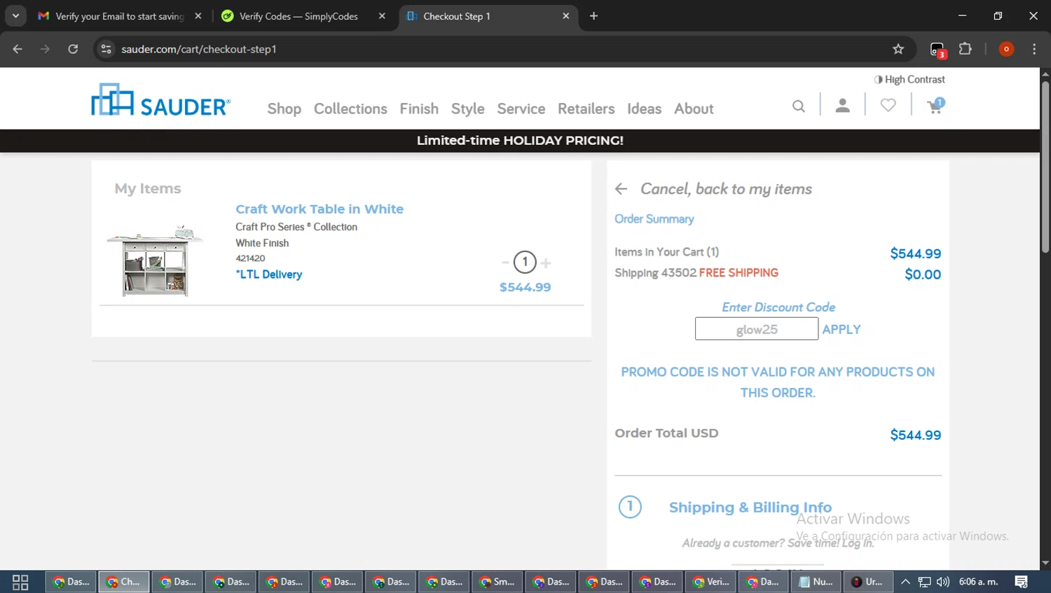 Sauder promo code screenshot showing code glow25 applied at Sauder checkout page. Uploaded by SimplyCodes community member WiseTracker2171 on Dec 3, 2025