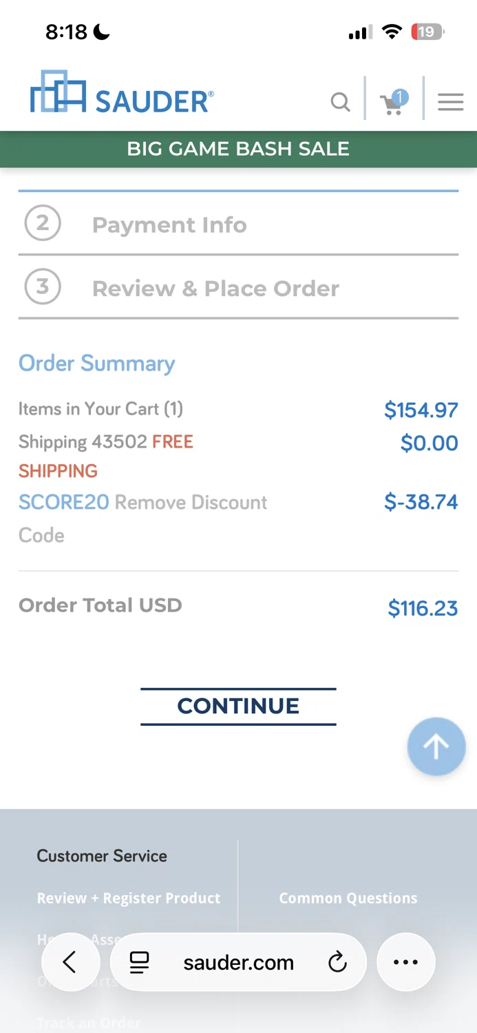 Sauder checkout page showing Sauder promo code box | Screenshot taken by SimplyCodes community member on Jan 30, 2026