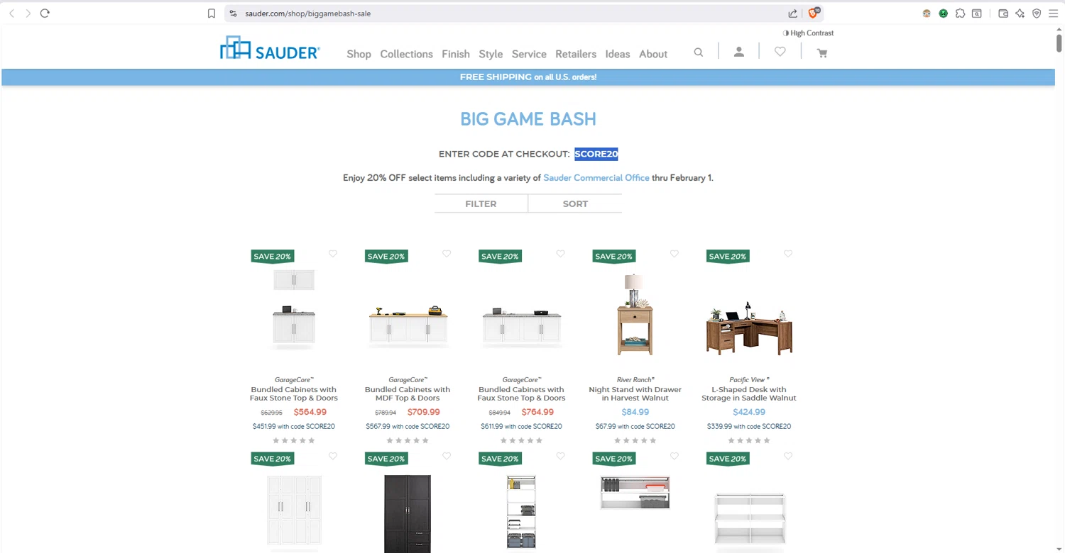 Sauder checkout page showing Sauder promo code box | Screenshot taken by SimplyCodes community member on Jan 19, 2026