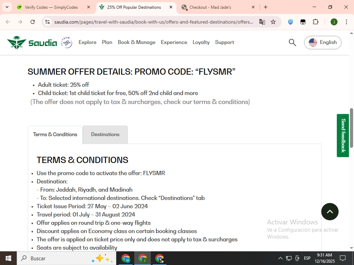 Saudia promo code screenshot showing code FLYSMR applied at Saudia checkout page. Uploaded by SimplyCodes community member SavingsCollector2592 on Dec 16, 2025