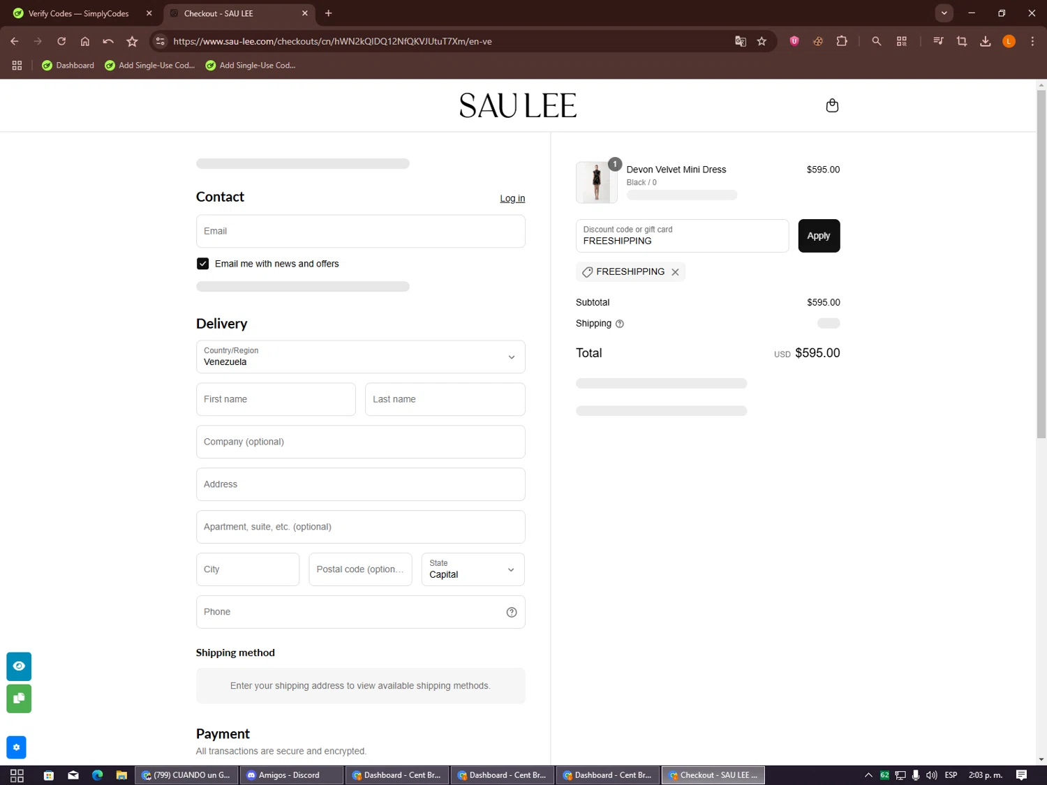 Sau Lee discount code screenshot showing code FREESHIPPING applied at Sau Lee checkout page. Uploaded by SimplyCodes community member Alalee on Sep 8, 2025