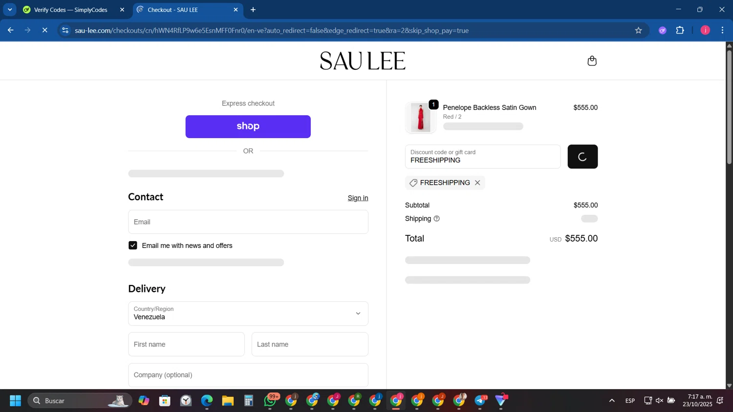 Sau Lee discount code screenshot showing code FREESHIPPING applied at Sau Lee checkout page. Uploaded by SimplyCodes community member Tryhard on Oct 23, 2025
