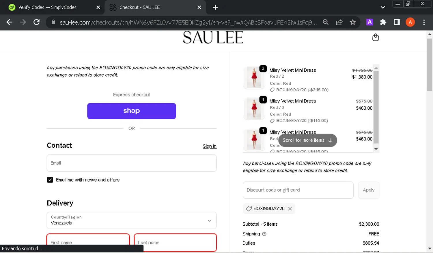 Sau Lee discount code screenshot showing code BOXINGDAY20 applied at Sau Lee checkout page. Uploaded by SimplyCodes community member GloriousOwl8819 on Dec 28, 2025