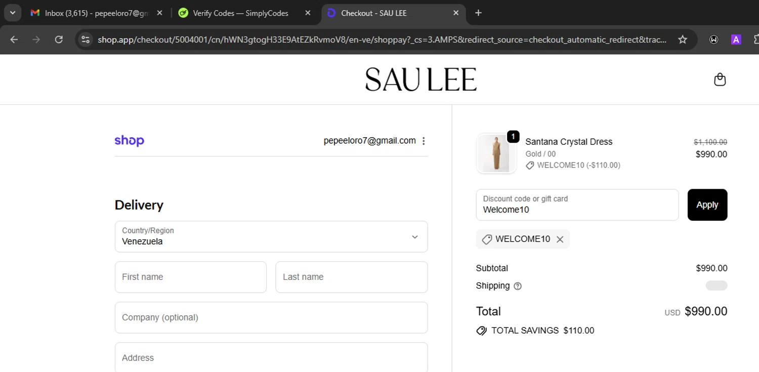 Sau Lee discount code screenshot showing code Welcome10 applied at Sau Lee checkout page. Uploaded by SimplyCodes community member Eminem on Oct 3, 2025