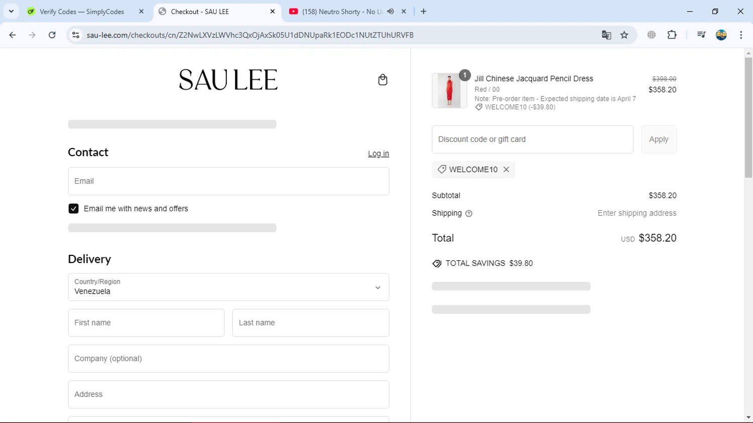 Sau Lee discount code screenshot showing code Welcome10 applied at Sau Lee checkout page. Uploaded by SimplyCodes community member gleykerjose on Feb 17, 2025