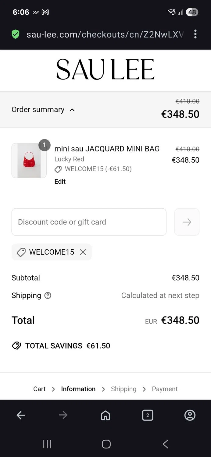 Sau Lee discount code screenshot showing code Welcome15 applied at Sau Lee checkout page. Uploaded by SimplyCodes community member BB9542251456527 on Jun 24, 2025