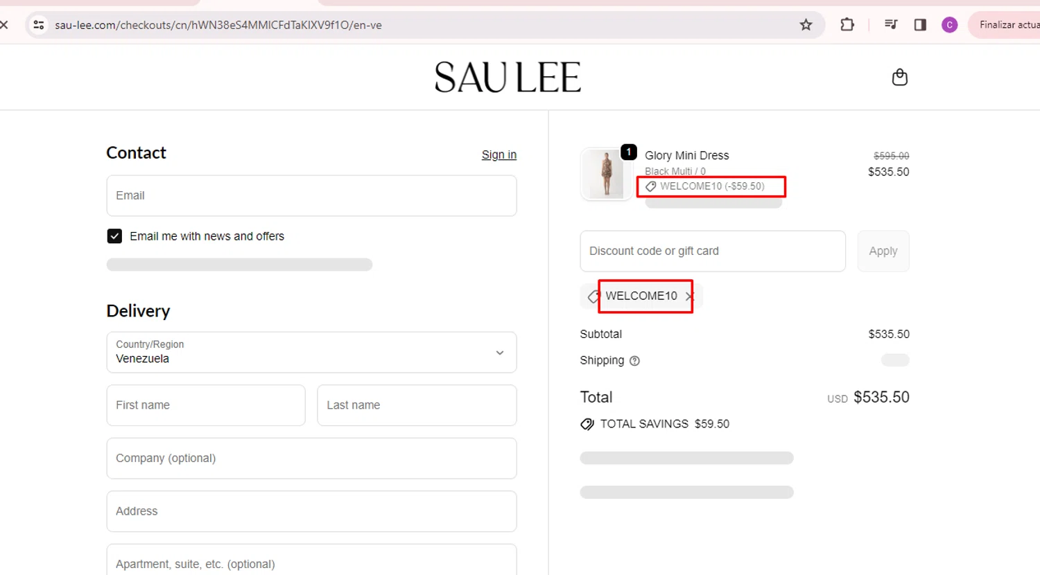 Sau Lee discount code screenshot showing code WELCOME10 applied at Sau Lee checkout page. Uploaded by SimplyCodes community member nileskamarcano on Sep 19, 2025