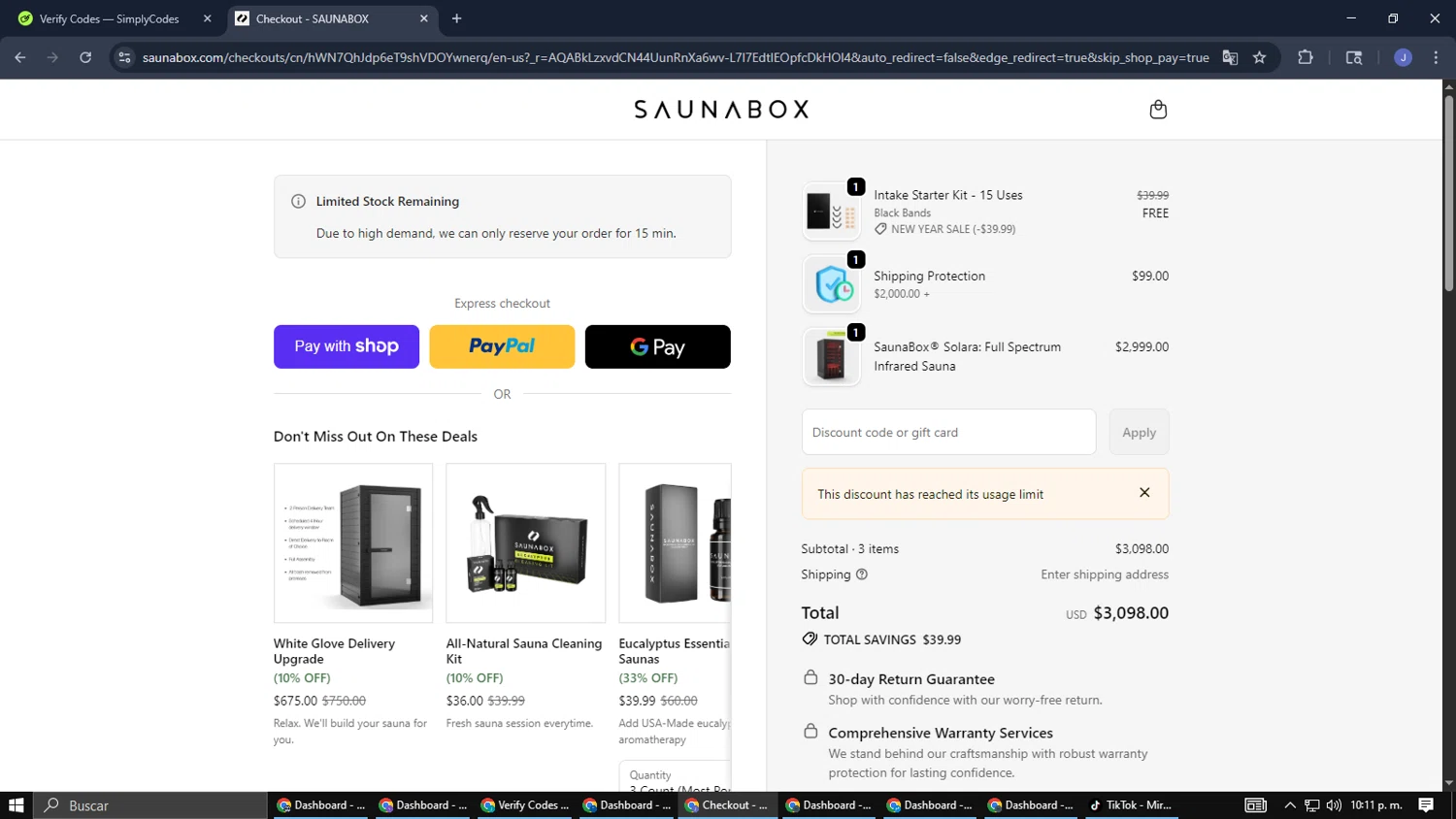 SAUNABOX discount code screenshot showing code INFO76040 applied at SAUNABOX checkout page. Uploaded by SimplyCodes community member CouponGuardian8137 on Jan 10, 2026