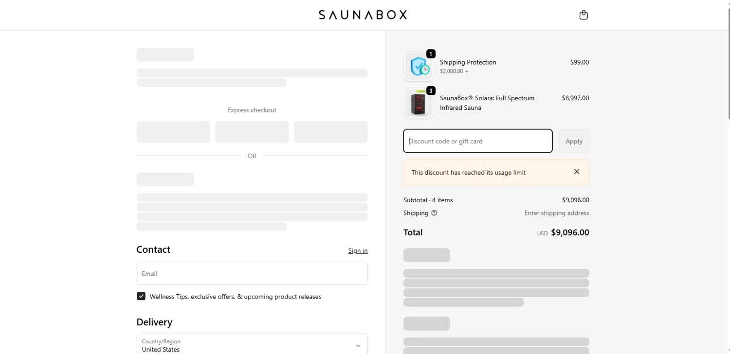 SAUNABOX discount code screenshot showing code INFO76040 applied at SAUNABOX checkout page. Uploaded by SimplyCodes community member MagnifiHero3476 on Jan 10, 2026