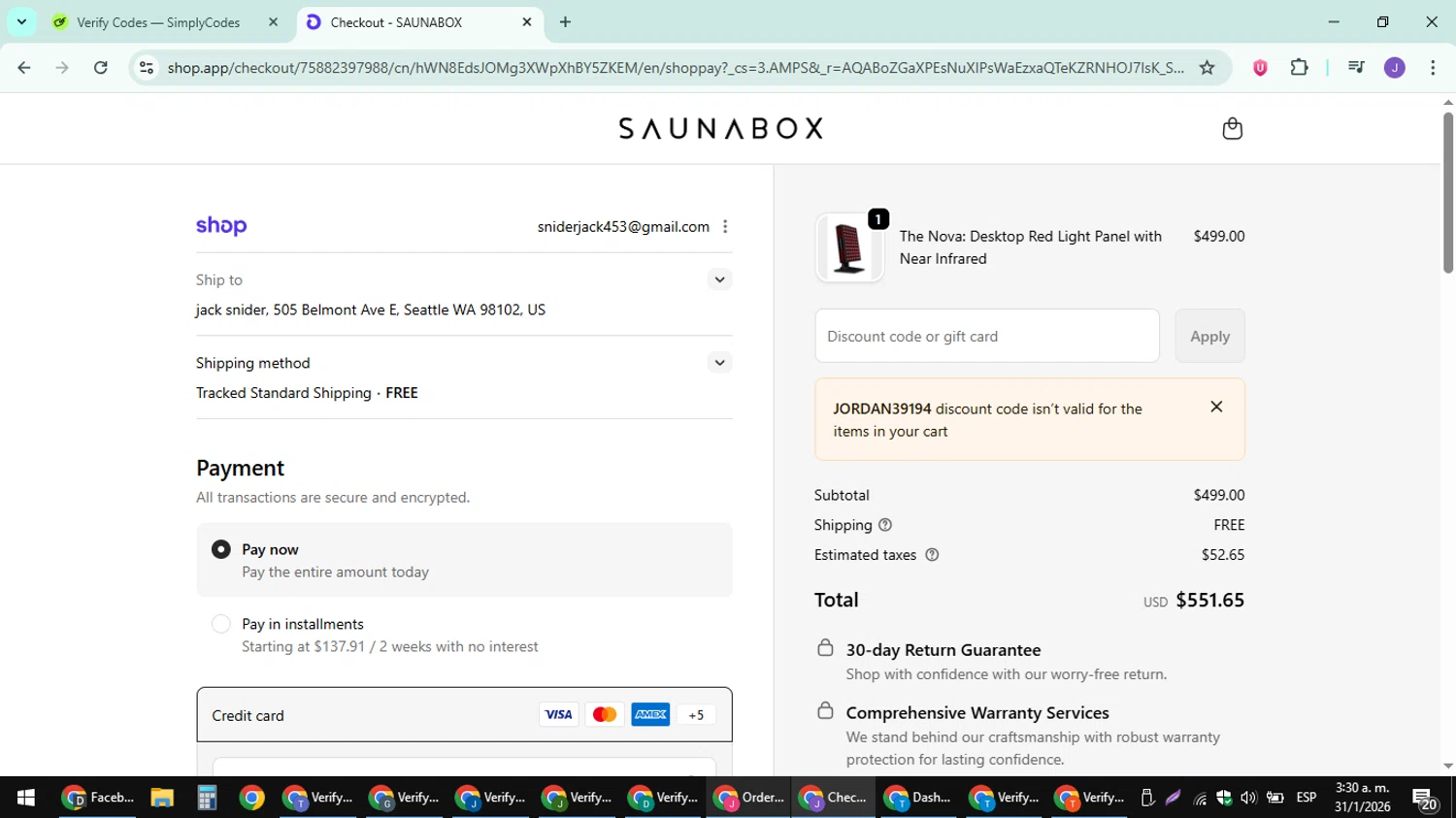 SAUNABOX checkout page showing SAUNABOX discount code box | Screenshot taken by SimplyCodes community member on Jan 31, 2026