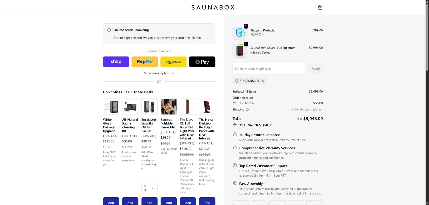 SAUNABOX checkout page showing SAUNABOX discount code box | Screenshot taken by SimplyCodes community member on Feb 1, 2026