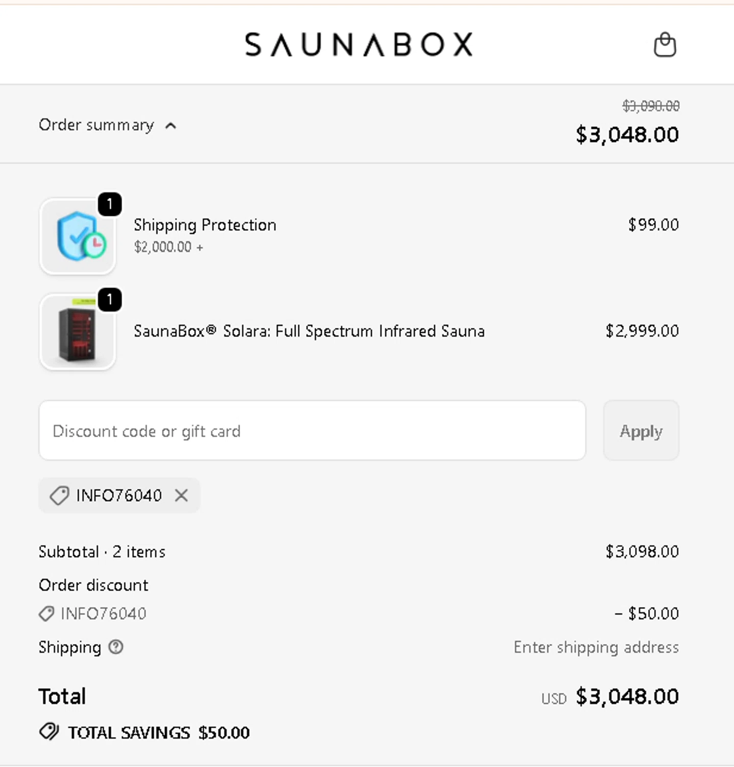 SAUNABOX discount code screenshot showing code INFO76040 applied at SAUNABOX checkout page. Uploaded by SimplyCodes community member carmenamandabritoser on Jan 8, 2026