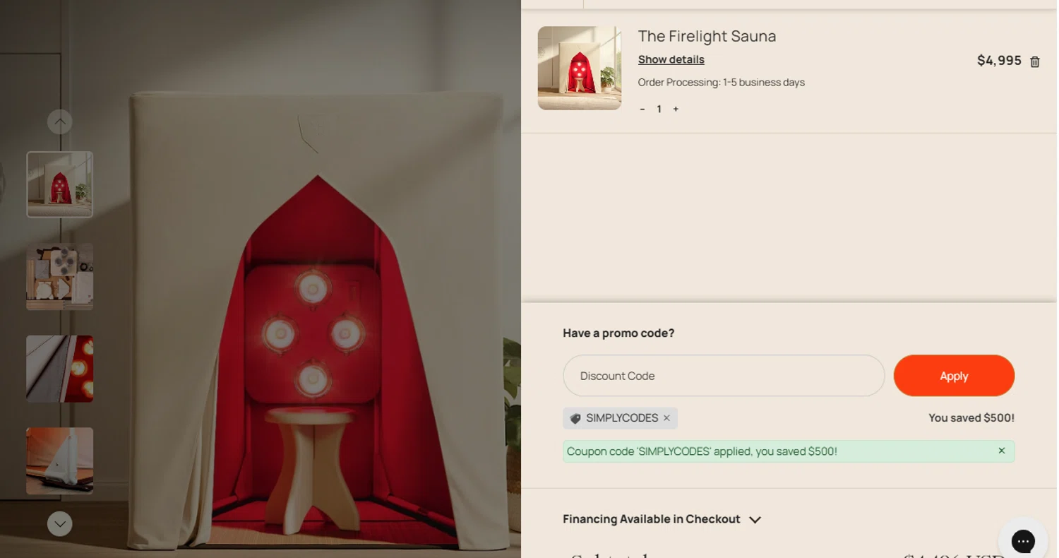 SaunaSpace discount code screenshot showing code SIMPLYCODES applied at SaunaSpace checkout page. Uploaded by SimplyCodes community member BonusDefender8823 on Oct 1, 2025