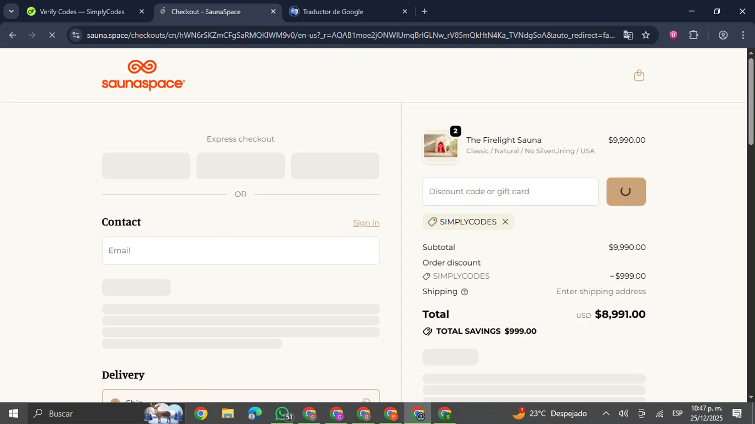 SaunaSpace discount code screenshot showing code SIMPLYCODES applied at SaunaSpace checkout page. Uploaded by SimplyCodes community member GloriousDefender7889 on Dec 26, 2025