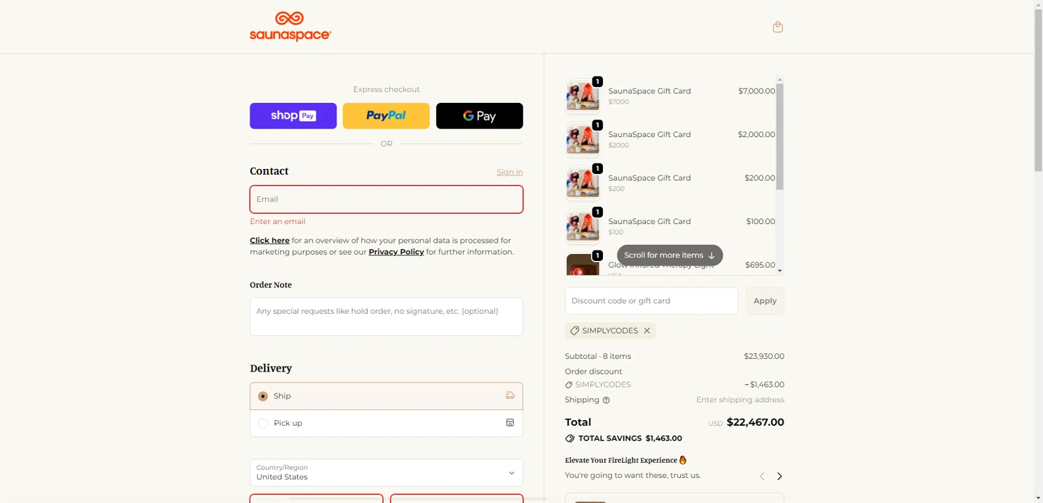 SaunaSpace checkout page showing SaunaSpace discount code box | Screenshot taken by SimplyCodes community member on Jan 10, 2026
