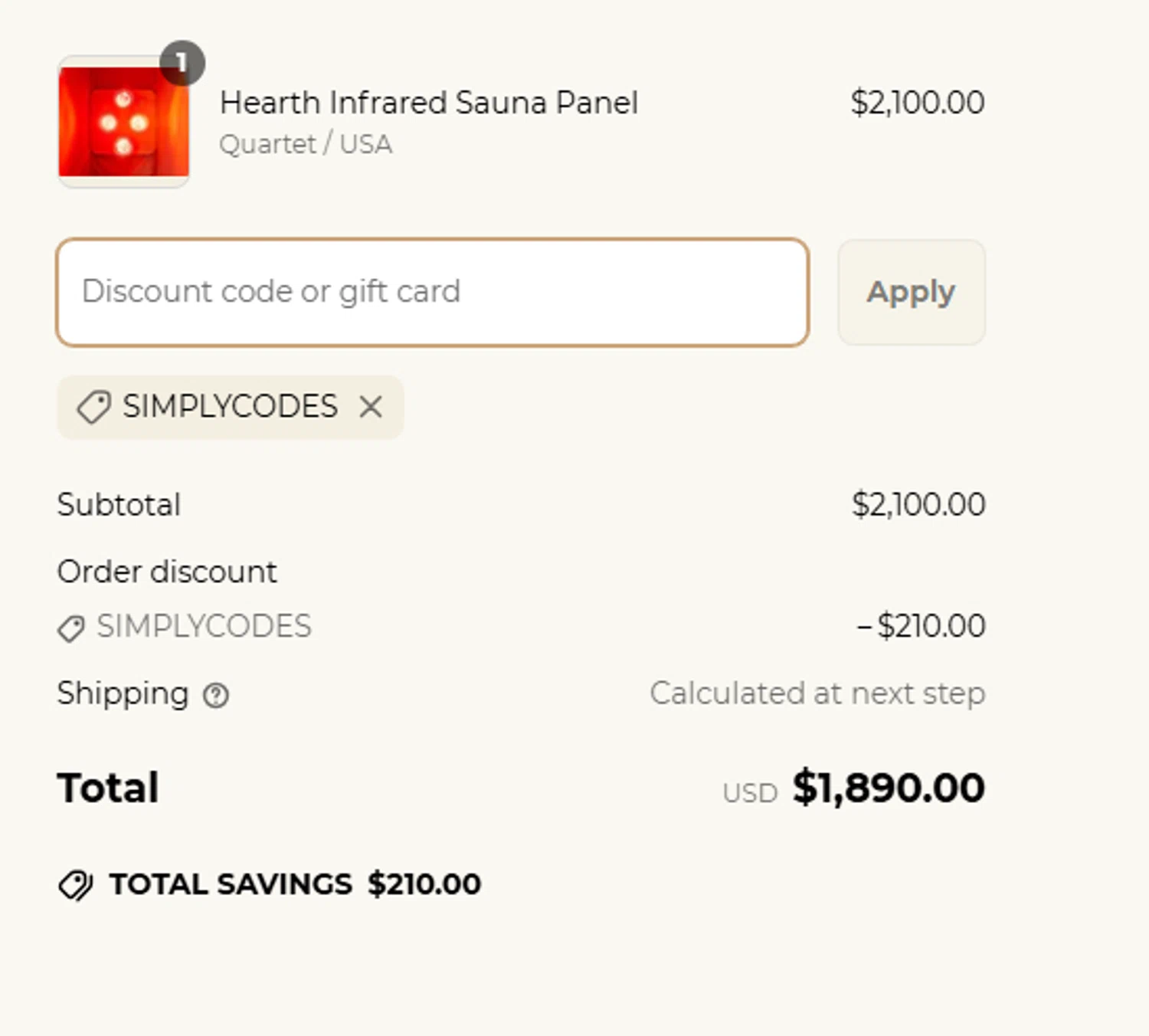 SaunaSpace discount code screenshot showing code SIMPLYCODES applied at SaunaSpace checkout page. Uploaded by SimplyCodes community member RewardCurator5232 on Apr 23, 2025