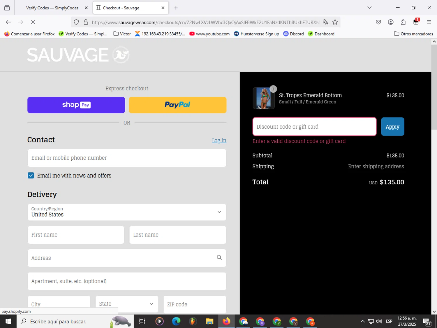 Sauvage Swimwear discount code screenshot showing code MIAMI10 applied at Sauvage Swimwear checkout page. Uploaded by SimplyCodes community member Garou_Y2K on Mar 27, 2025