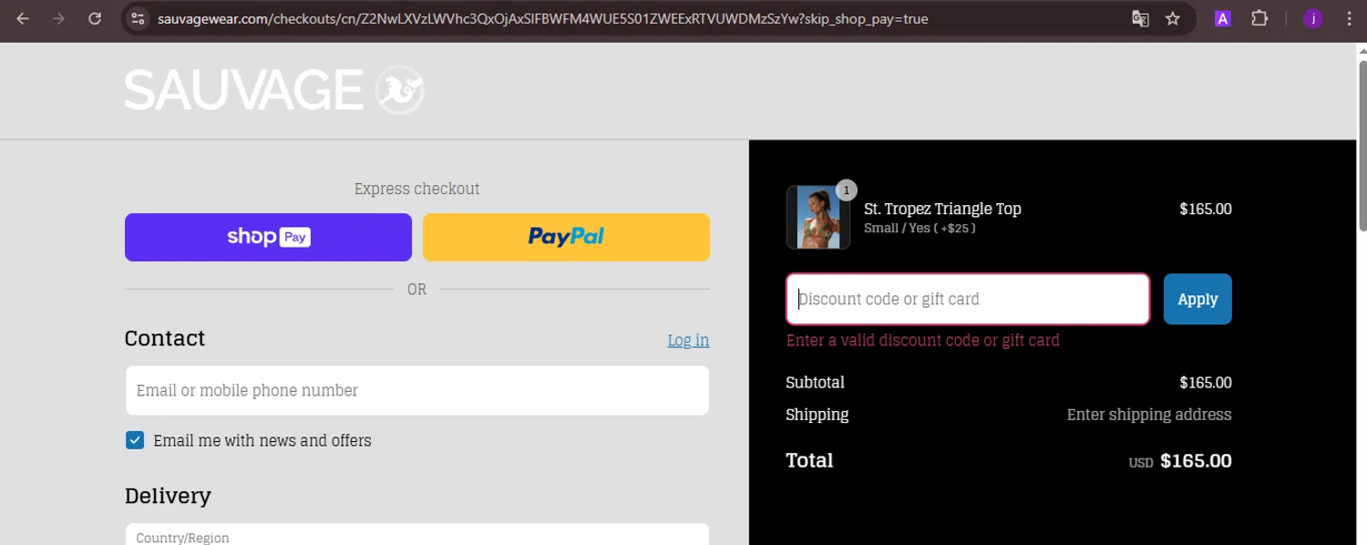 Sauvage Swimwear discount code screenshot showing code MIAMI10 applied at Sauvage Swimwear checkout page. Uploaded by SimplyCodes community member CoinMaverick1452 on Mar 27, 2025