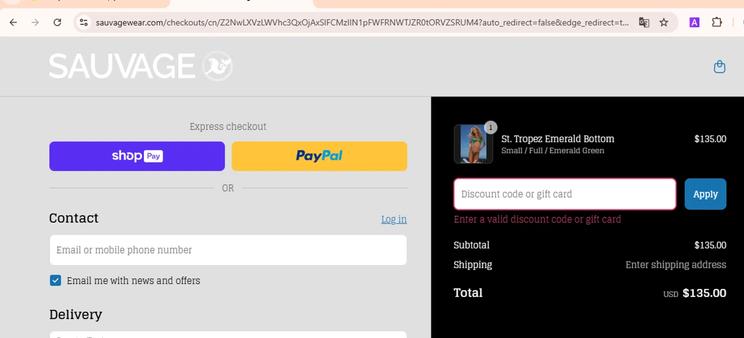 Sauvage Swimwear discount code screenshot showing code MIAMI10 applied at Sauvage Swimwear checkout page. Uploaded by SimplyCodes community member ExtraordinaryScout5722 on Mar 27, 2025