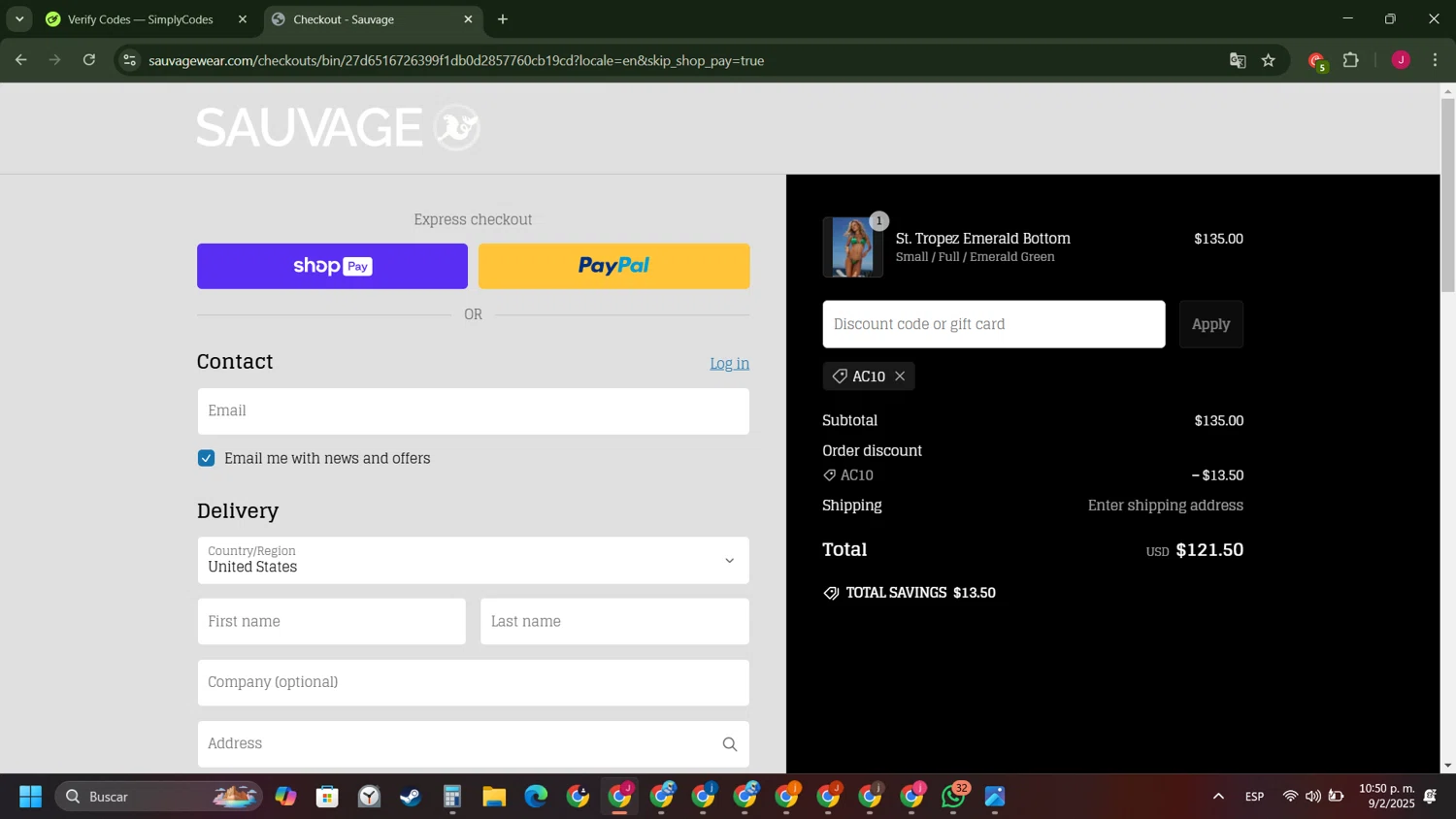 Sauvage Swimwear discount code screenshot showing code AC10 applied at Sauvage Swimwear checkout page. Uploaded by SimplyCodes community member FrugalFinder745 on Feb 10, 2025