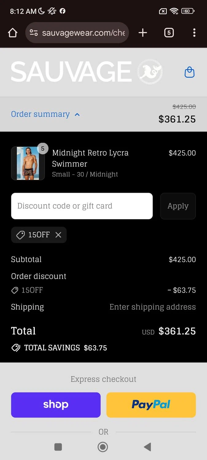 Sauvage Swimwear discount code screenshot showing code 15OFF applied at Sauvage Swimwear checkout page. Uploaded by SimplyCodes community member widdyto on Sep 3, 2025