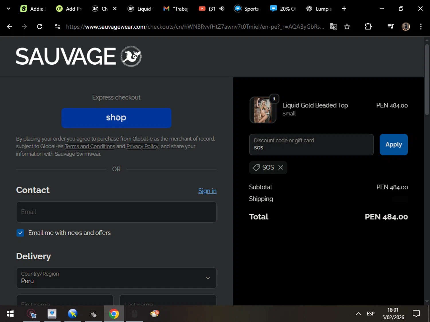 Sauvage Swimwear discount code screenshot showing code sos applied at Sauvage Swimwear checkout page. Uploaded by SimplyCodes community member MarcosAranguren on Feb 5, 2026