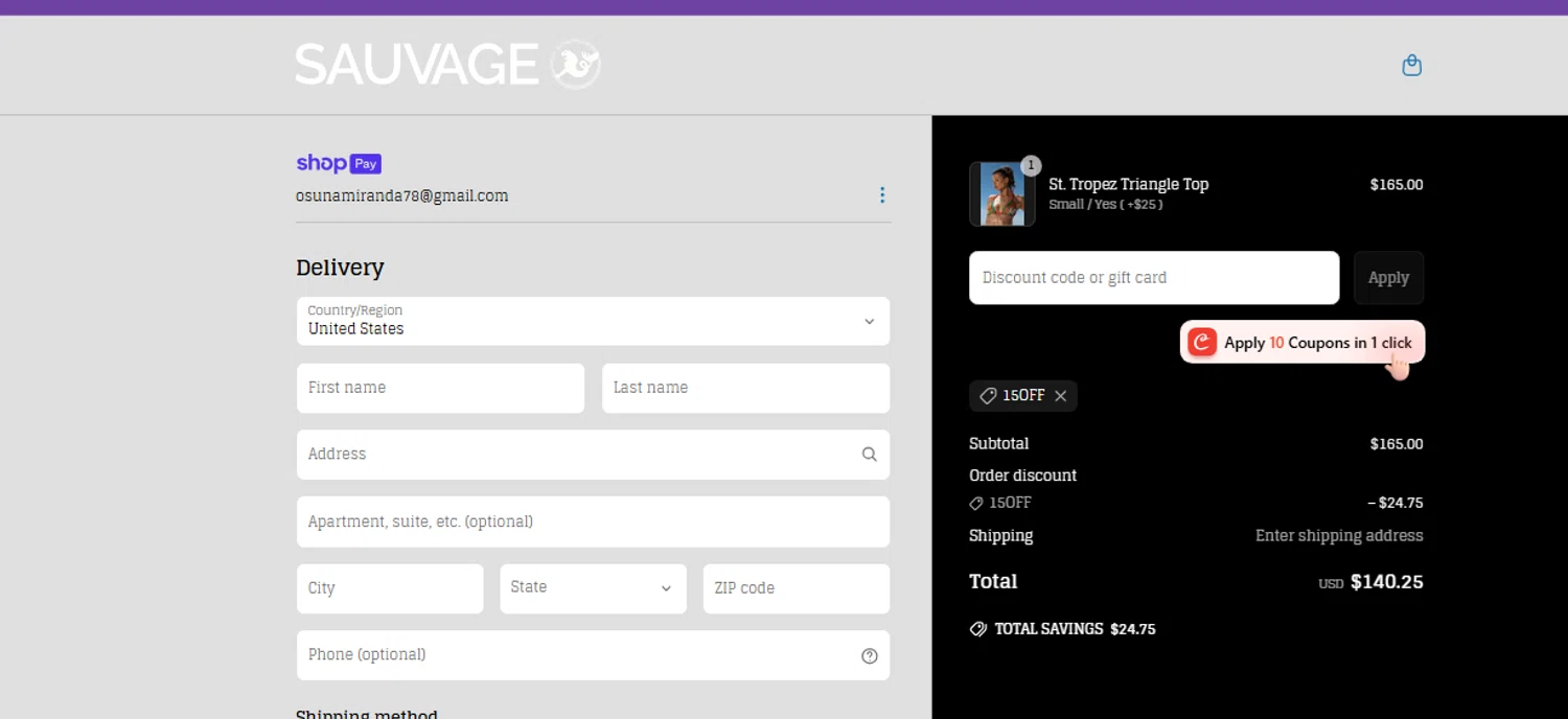 Sauvage Swimwear discount code screenshot showing code 15OFF applied at Sauvage Swimwear checkout page. Uploaded by SimplyCodes community member ShrewdWizard3248 on Mar 27, 2025