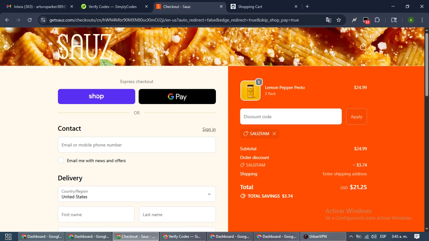 Sauz promo code screenshot showing code SAUZFAM applied at Sauz checkout page. Uploaded by SimplyCodes community member CashLynx5338 on Oct 21, 2025
