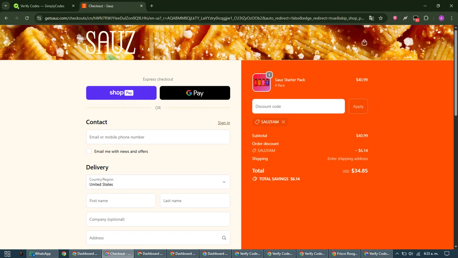 Sauz checkout page showing Sauz promo code box | Screenshot taken by SimplyCodes community member on Jan 10, 2026