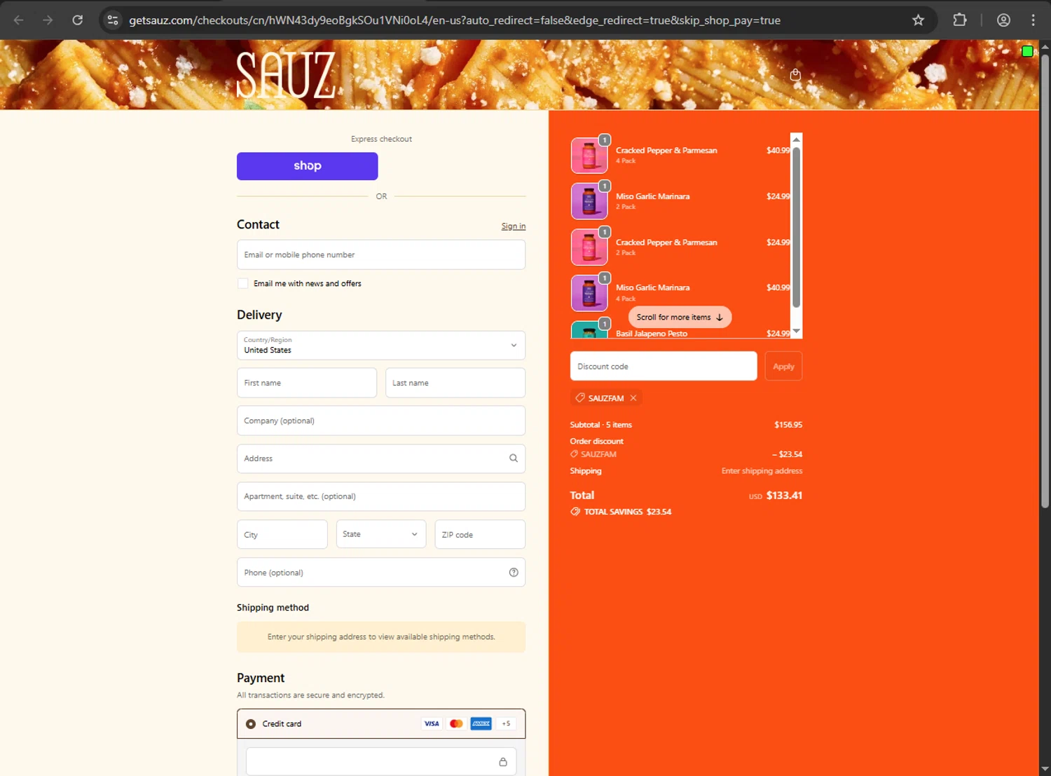 Sauz promo code screenshot showing code SAUZFAM applied at Sauz checkout page. Uploaded by SimplyCodes community member QuestScholar1789 on Oct 13, 2025