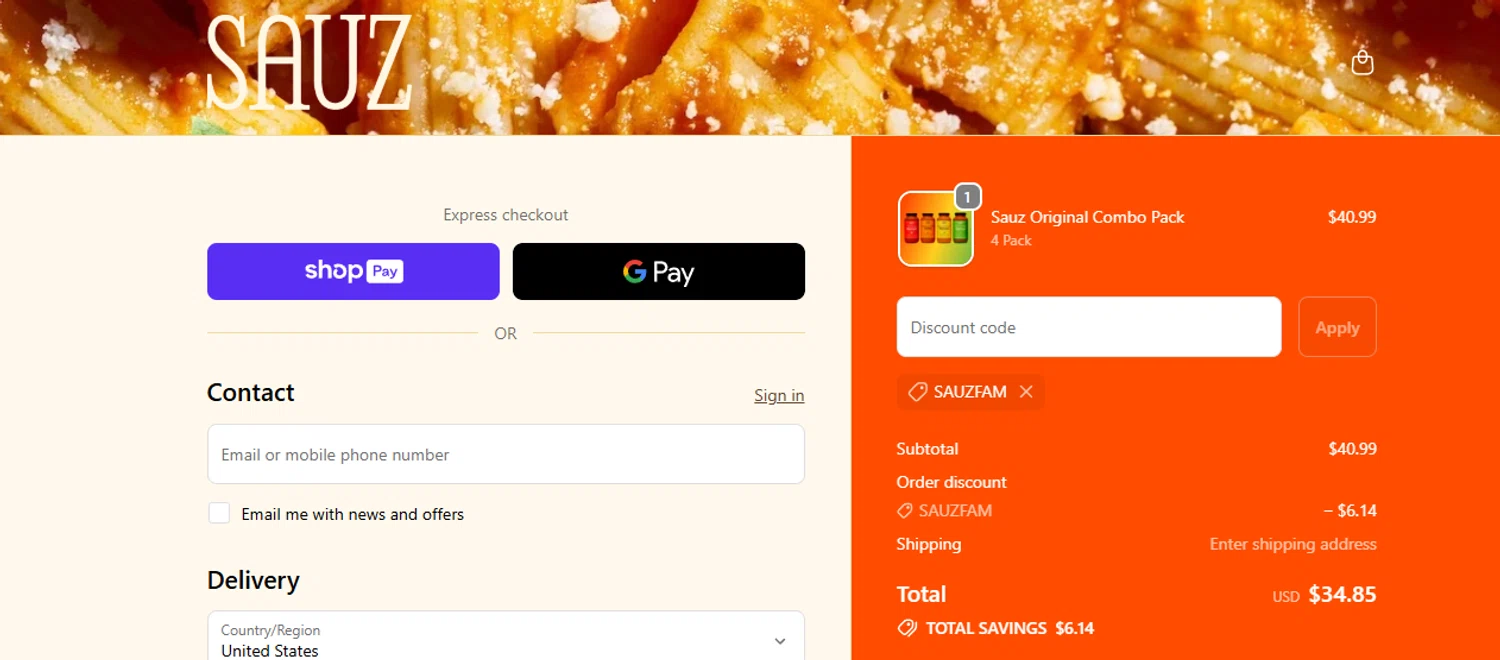 Sauz checkout page showing Sauz promo code box | Screenshot taken by SimplyCodes community member on Jan 10, 2026