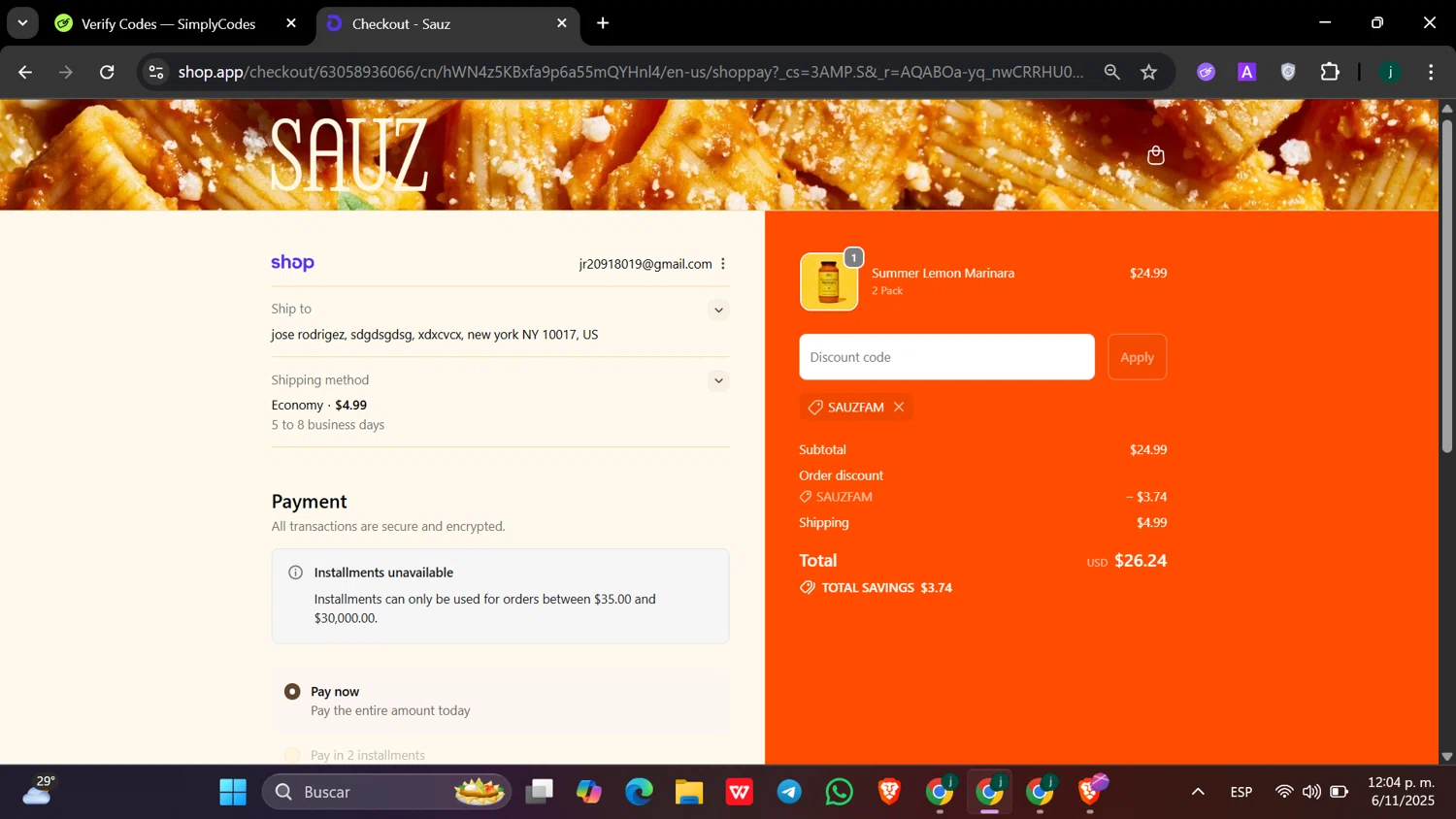 Sauz promo code screenshot showing code SAUZFAM applied at Sauz checkout page. Uploaded by SimplyCodes community member hanzell2 on Nov 6, 2025