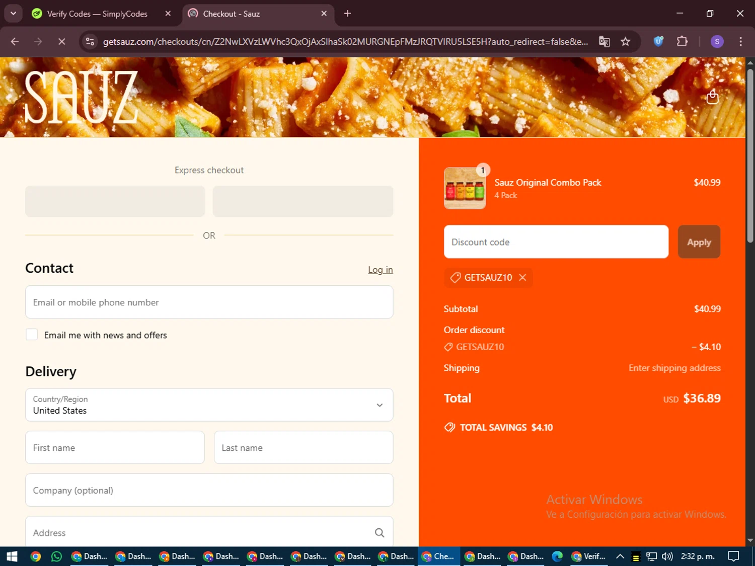 Sauz promo code screenshot showing code GETSAUZ10 applied at Sauz checkout page. Uploaded by SimplyCodes community member LuckyVoyager688 on Jun 17, 2025