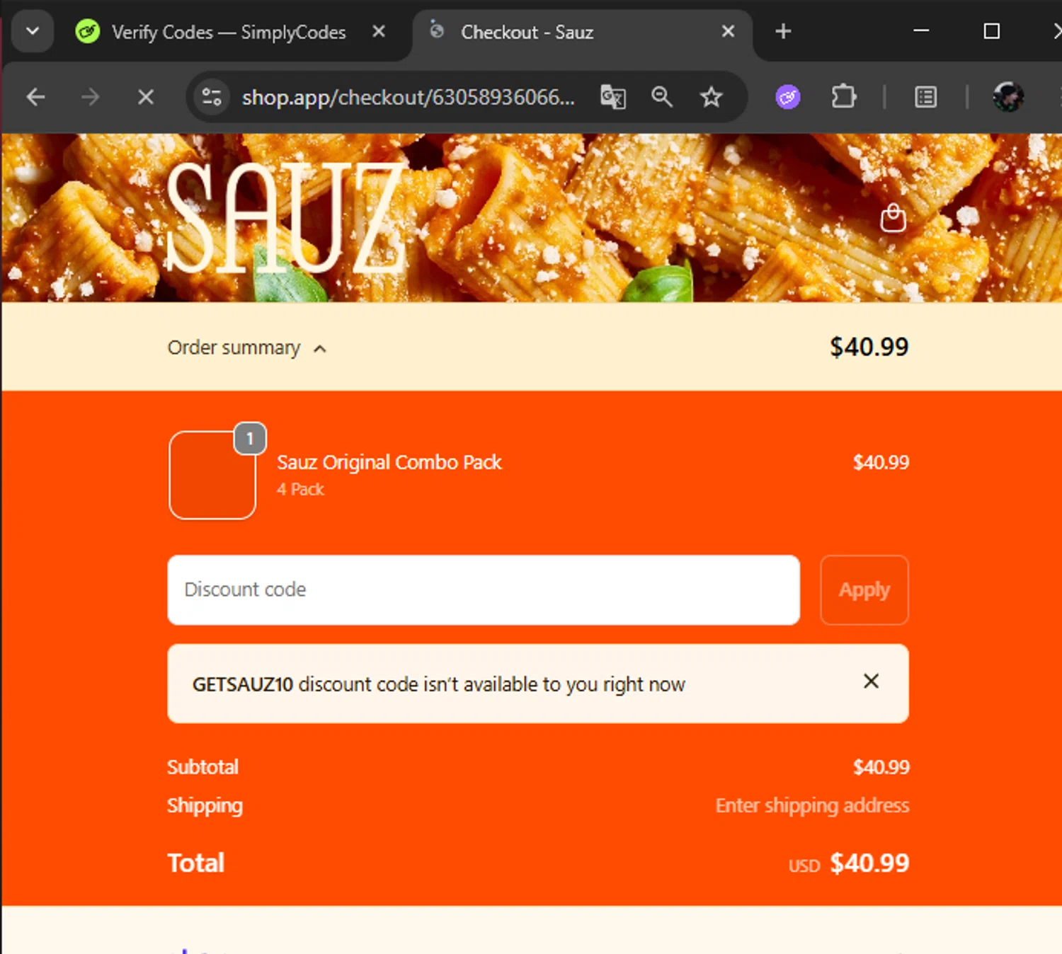 Sauz checkout page showing Sauz promo code box | Screenshot taken by SimplyCodes community member on Jan 5, 2026