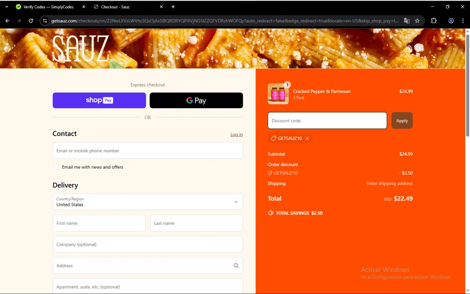 Sauz promo code screenshot showing code GETSAUZ10 applied at Sauz checkout page. Uploaded by SimplyCodes community member feliutorres on Mar 19, 2025