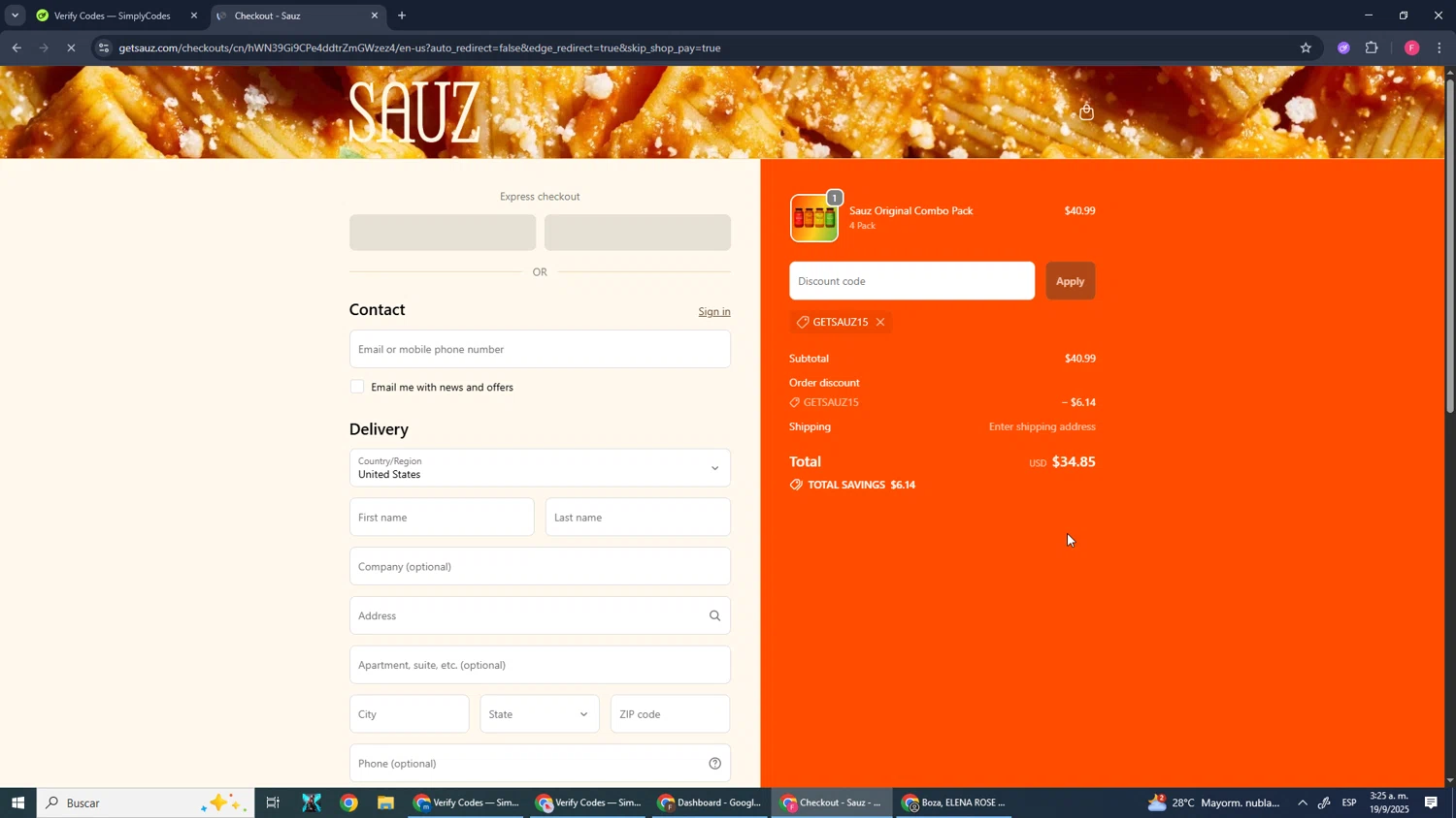 Sauz promo code screenshot showing code GETSAUZ15 applied at Sauz checkout page. Uploaded by SimplyCodes community member CleverMonarch1744 on Sep 19, 2025