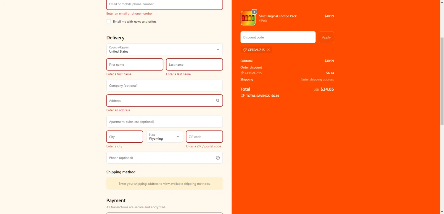 Sauz promo code screenshot showing code GETSAUZ15 applied at Sauz checkout page. Uploaded by SimplyCodes community member ScanRanger3503 on Dec 14, 2025