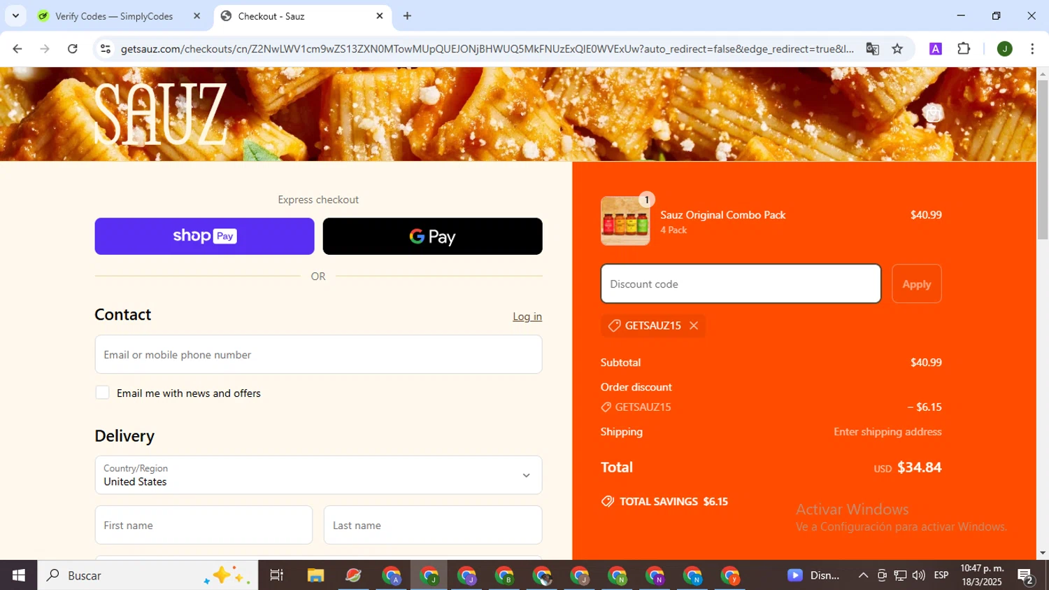 Sauz promo code screenshot showing code GETSAUZ15 applied at Sauz checkout page. Uploaded by SimplyCodes community member CleverSeeker3529 on Mar 19, 2025