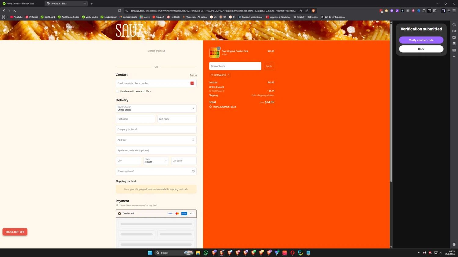 Sauz checkout page showing Sauz promo code box | Screenshot taken by SimplyCodes community member on Jan 10, 2026