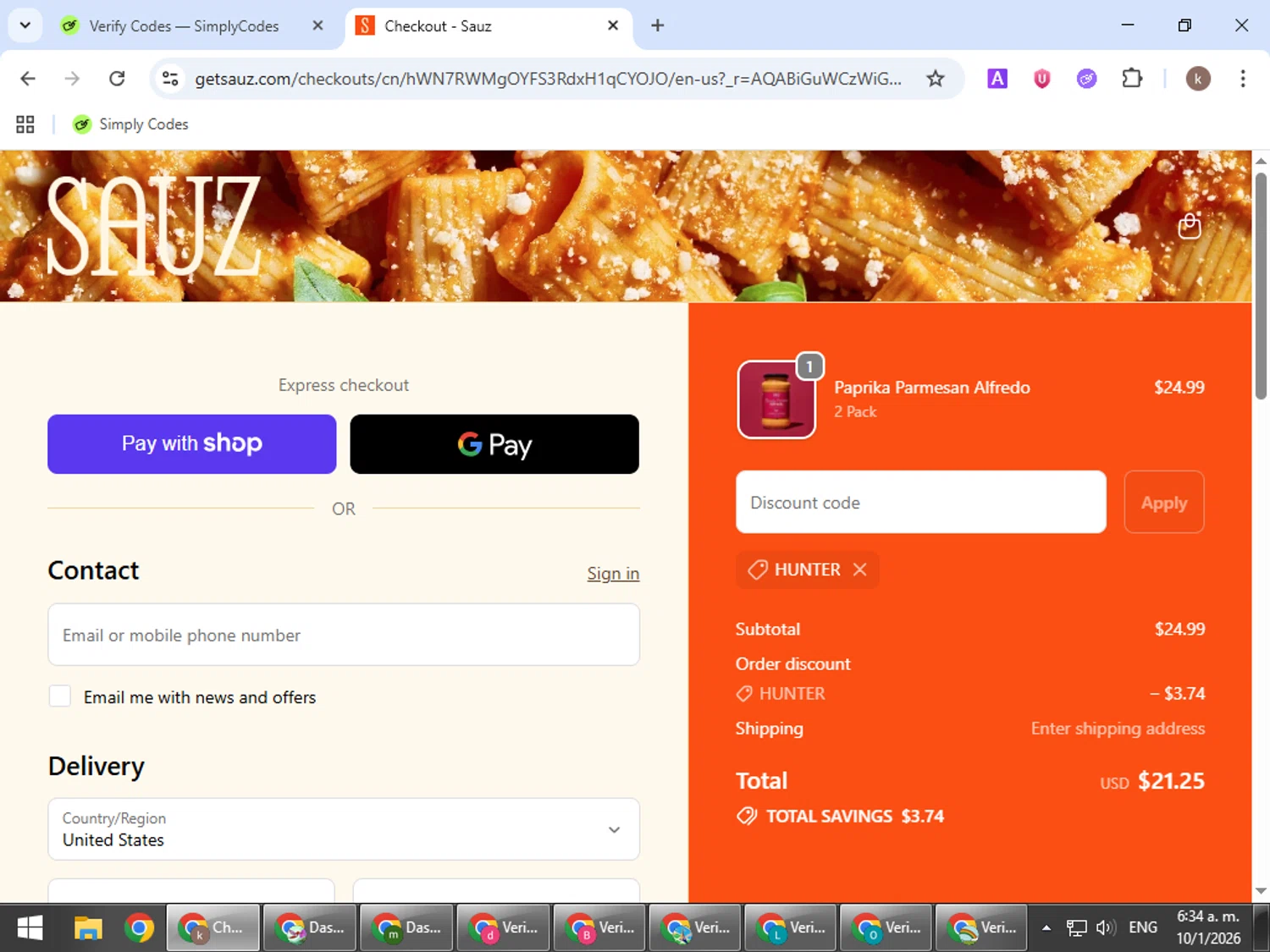 Sauz promo code screenshot showing code Hunter applied at Sauz checkout page. Uploaded by SimplyCodes community member RewardRanger298 on Jan 10, 2026
