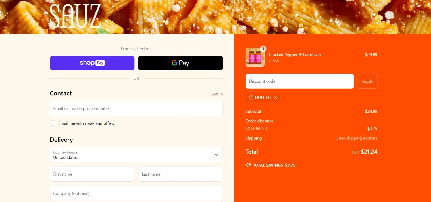 Sauz promo code screenshot showing code Hunter applied at Sauz checkout page. Uploaded by SimplyCodes community member PromoPioneer5927 on May 11, 2025